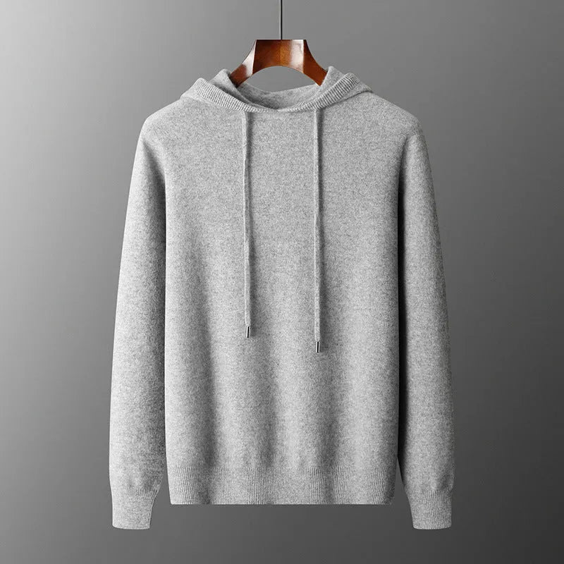 Men's light grey cashmere hooded sweatshirt and trouser set laid flat