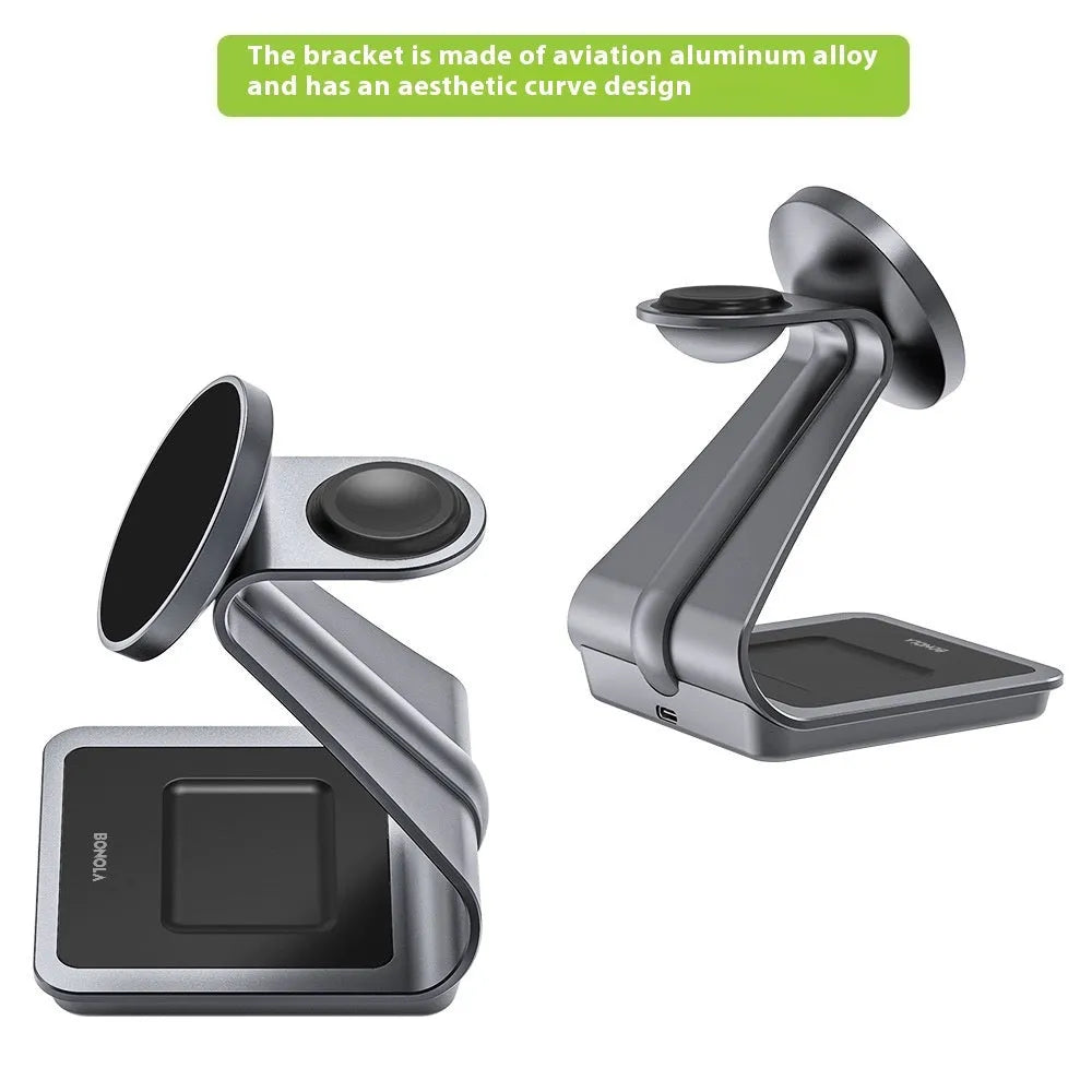 3-in-1 metal magnetic wireless charger stand charging iPhone, Apple Watch and AirPods on desk