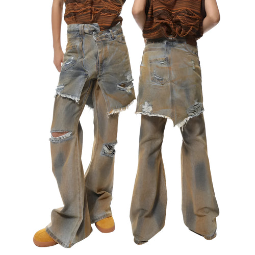 American Street loose hole bootcut pants in cotton denim with high waist design