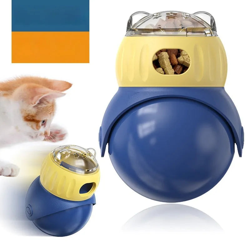 Morandi yellow and blue plastic owl-shaped cat puzzle feeder toy on a wooden floor.