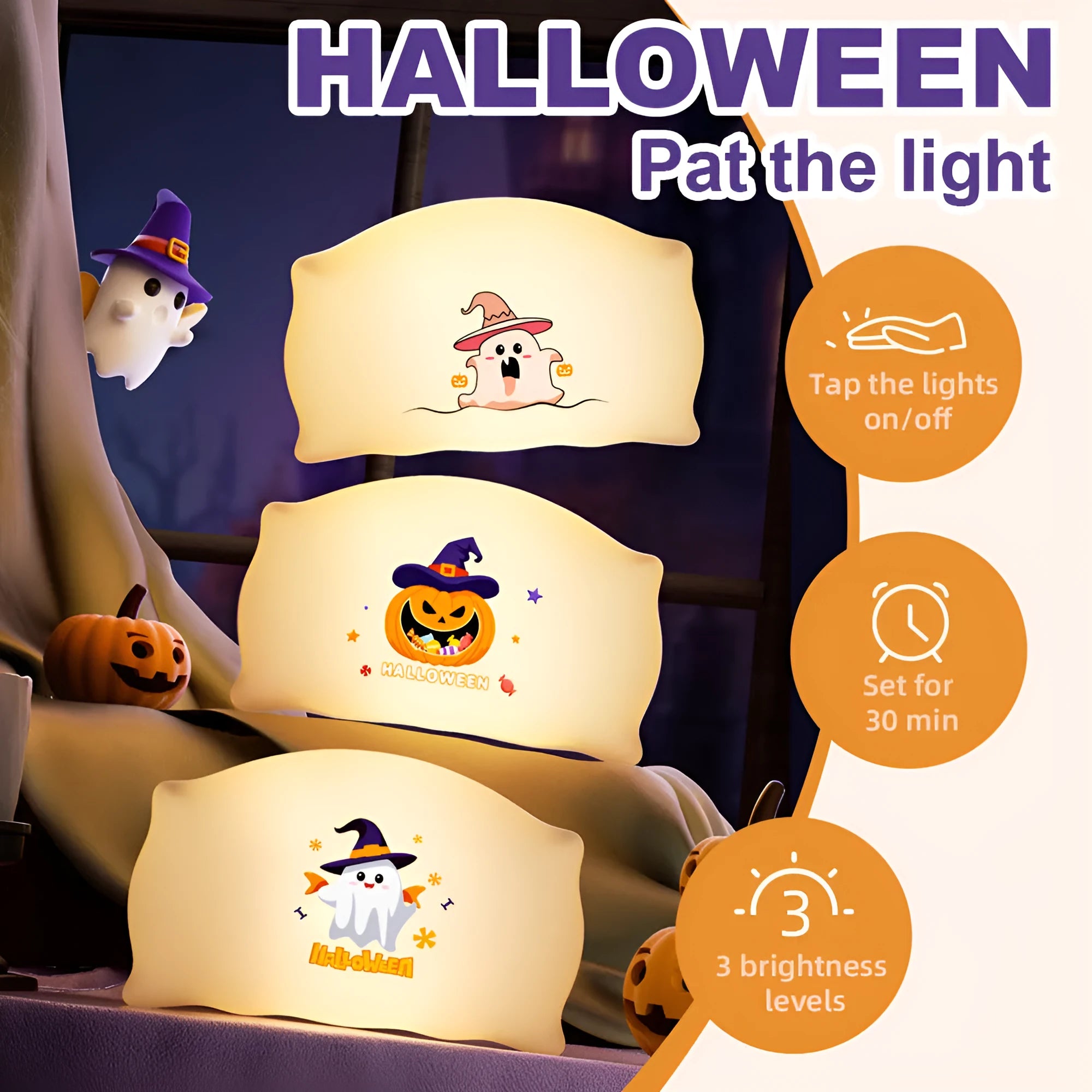 Cartoon Halloween doll table lamp in Magic Ghost colour with warm LED glow, shown on a bedside table.