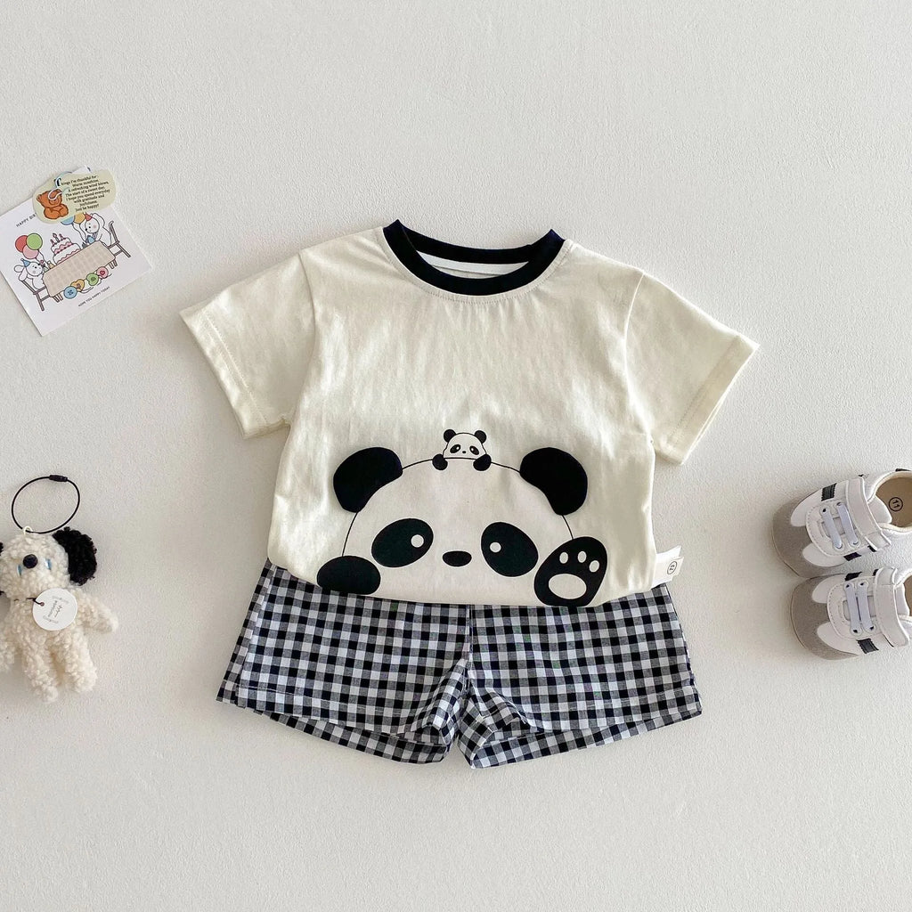 Girls' cotton cartoon T-shirt and plaid shorts two-piece set in avocado green and peach