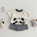 Girls' cotton cartoon T-shirt and plaid shorts two-piece set in avocado green and peach