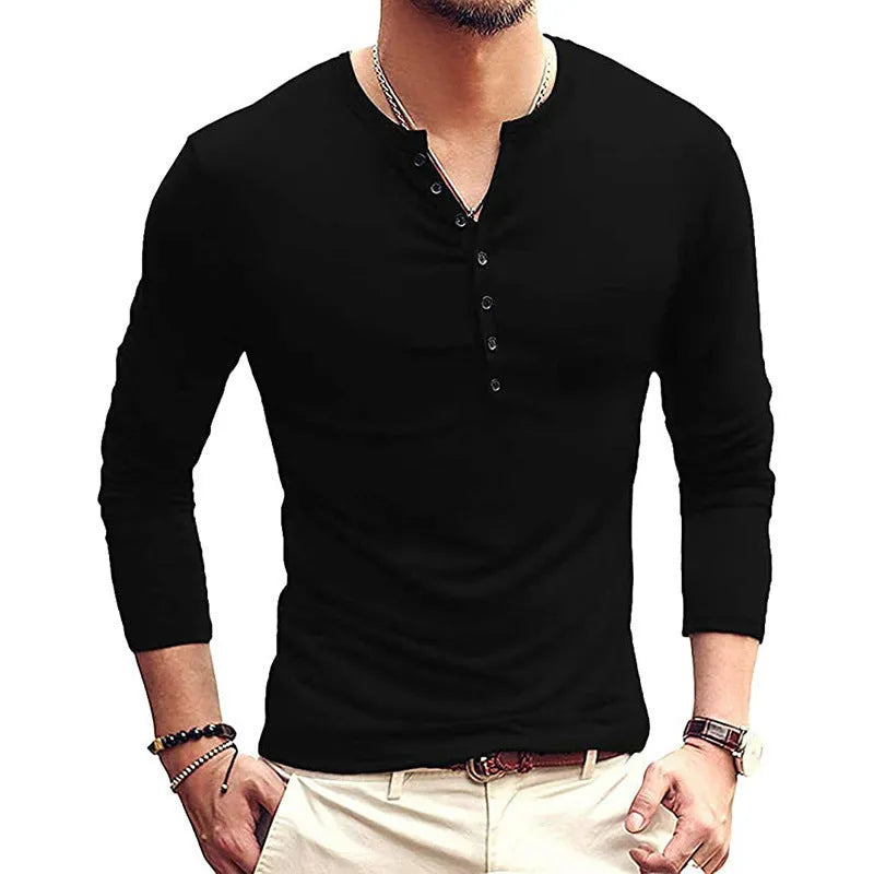 Men's solid colour long sleeve cotton blend base layer shirt in European and American style