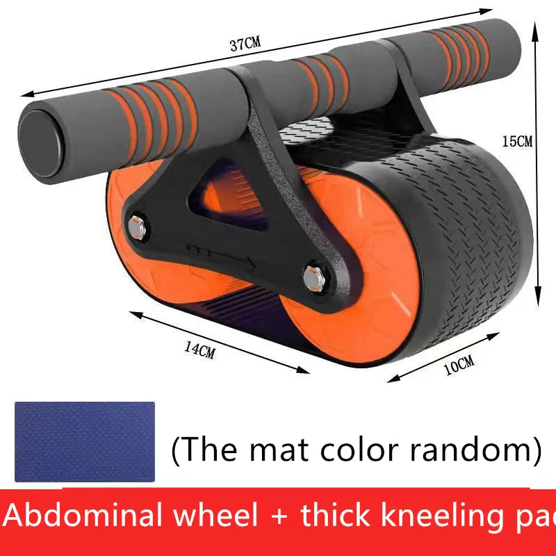Double wheel abdominal exerciser with automatic rebound and blue kneeling pad on a dark surface