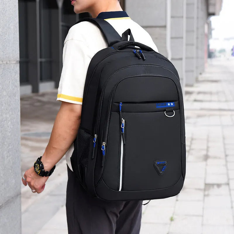 Men's Oxford cloth schoolbag with air pillow belt in multiple colour options showing letter pattern design