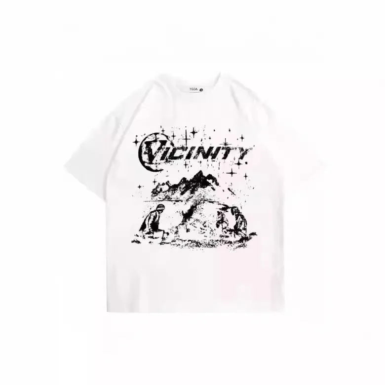Men's hip hop print retro T-shirt on hanger, showing graphic design and polyester fabric.