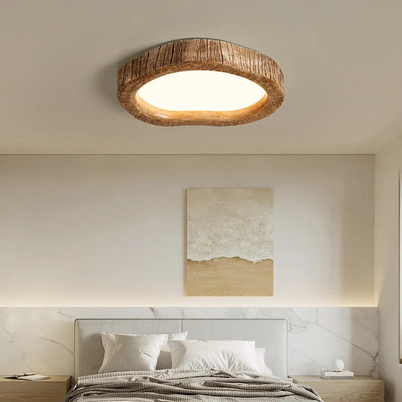 Circular wood grain finished ceiling lamp in New Chinese style, showing integrated LED light source.