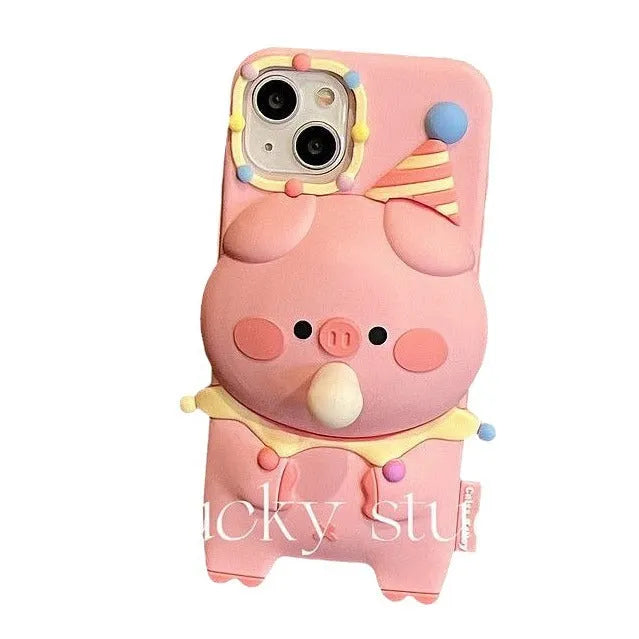 Press bubble blowing cartoon silicone phone case in bubble pig colour for iPhone, featuring three-dimensional relief design