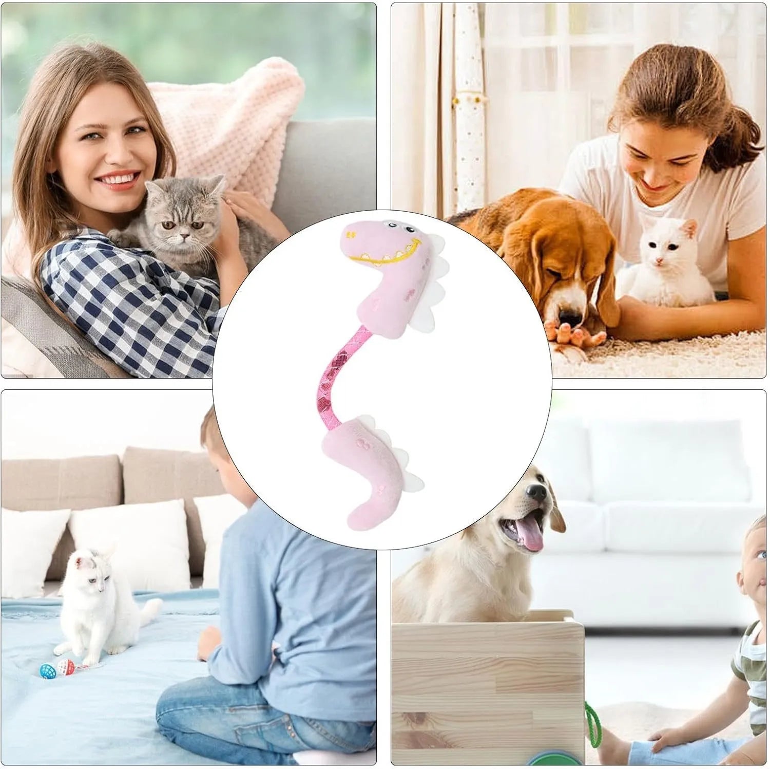 Set of four cat chew toys including plush mouse, fish, bunny and catnip rope toys for teeth cleaning