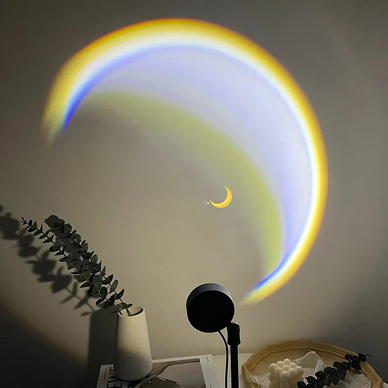 INS USB moon lamp LED rainbow neon night sunset light with 360° rotation on a bedside table