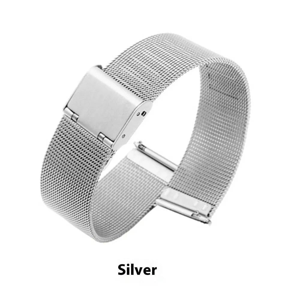 Milani Silk Woven Stainless Steel watch band in silver, shown adjustable on a wrist.