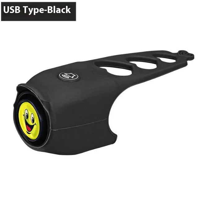 Electronic bicycle horn in six colour options showing plastic construction and handlebar mounting fitting