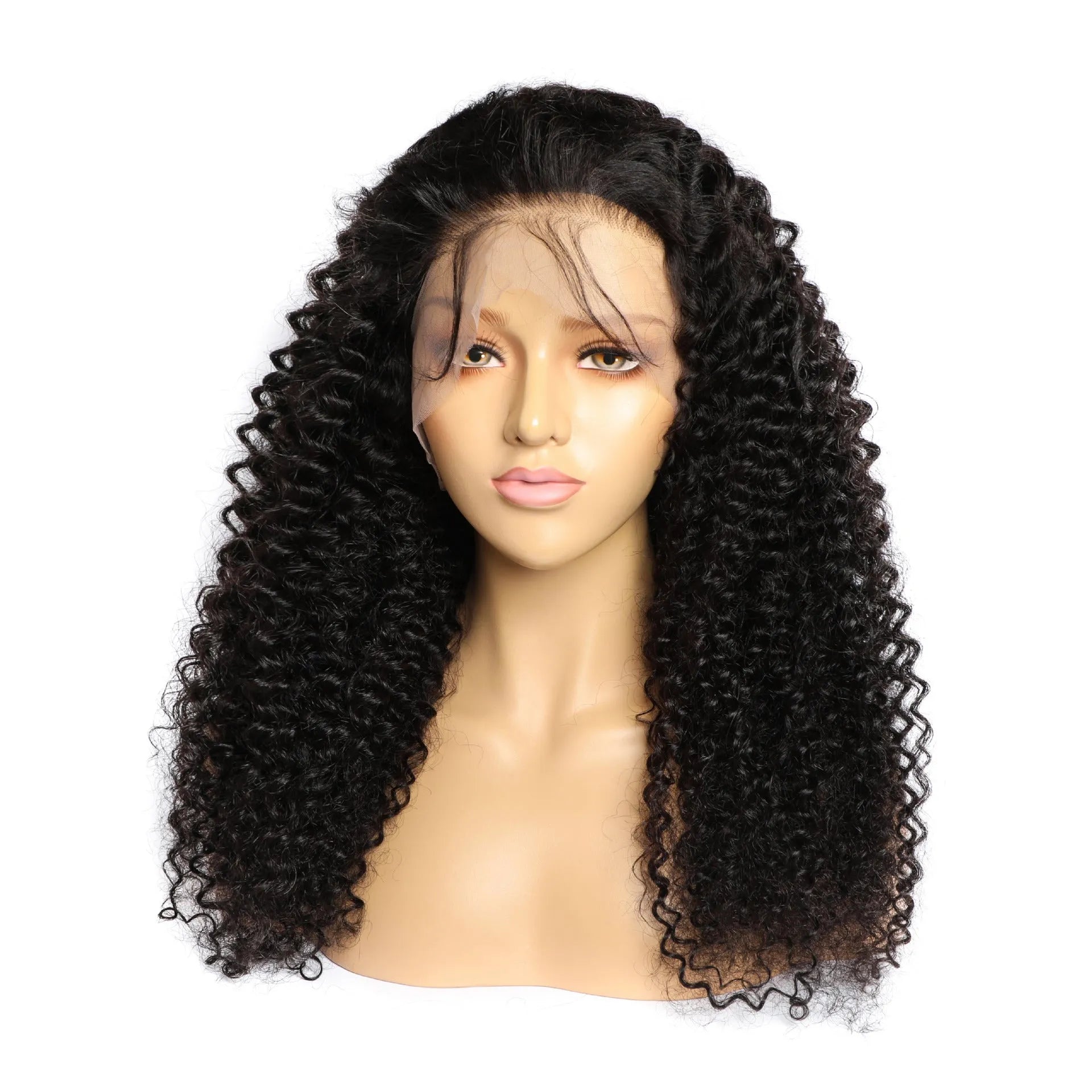 Curly human hair lace frontal wig showing 150 density hand-woven construction in various length options