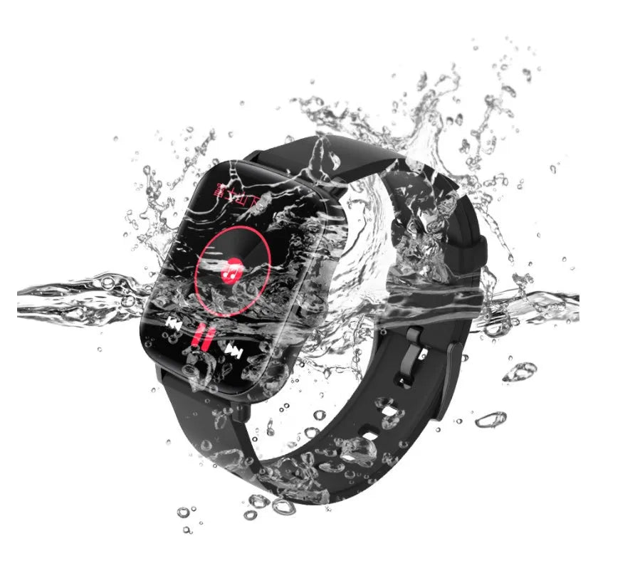 Blue smart sports watch with 1.7-inch touch screen on a wrist, showing a fitness tracking interface.