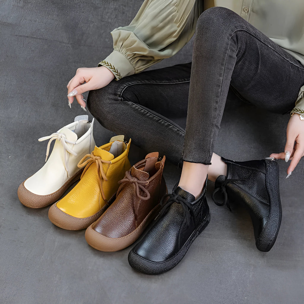 Top-grain Cowhide Flat-bottomed Anti-collision Round-toe High-top Women's Boots – Dr Martens Style Retro Ankle Boots in Black Brown White Yellow with Wool Lining Sizes 35-41