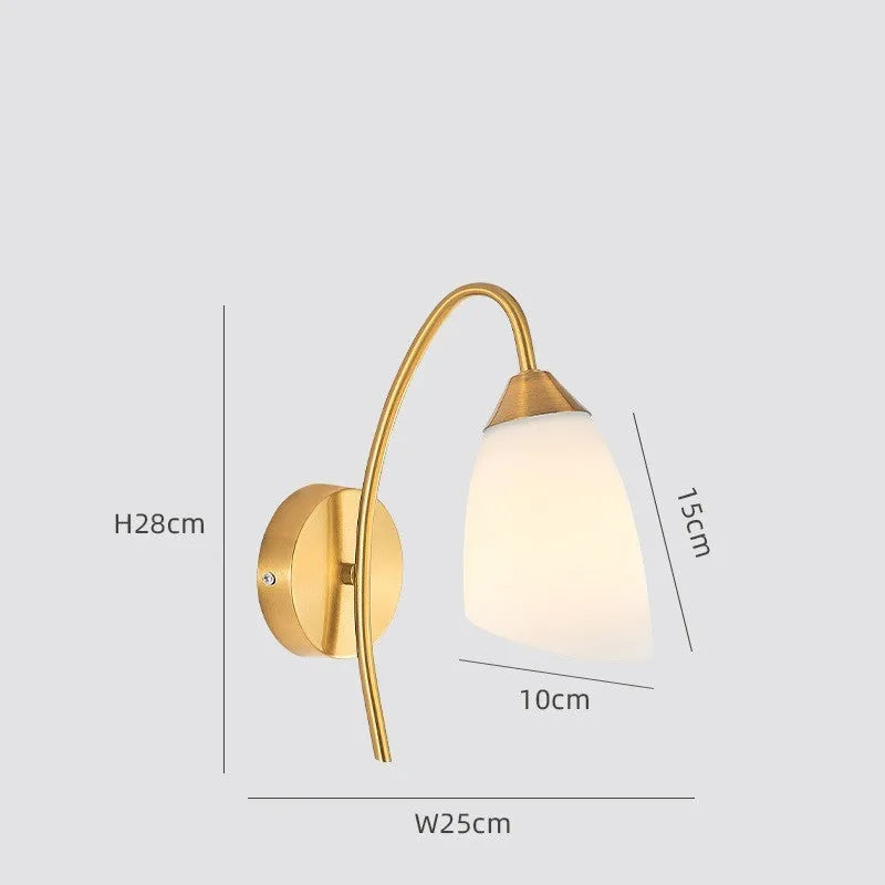 Modern copper coloured wall lamp with glass lampshade for bedroom or hallway lighting