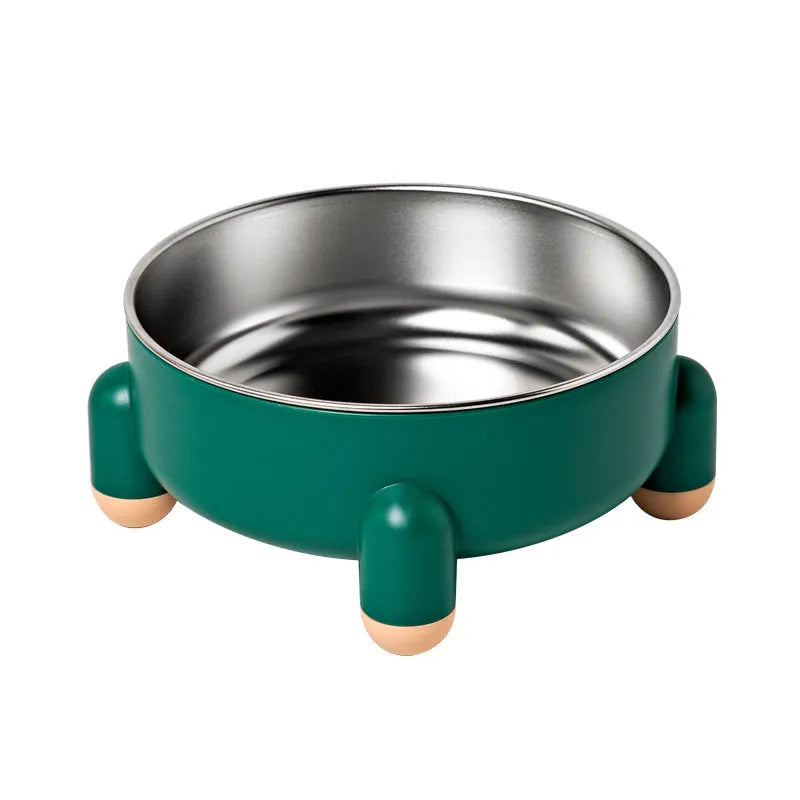 Stainless steel non-slip pet bowl with raised feet in green, pink, and white colour options.