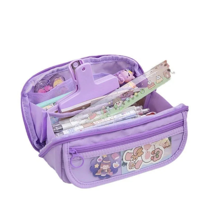 Korean-style canvas pencil case with ten flip-open layers in various colours.