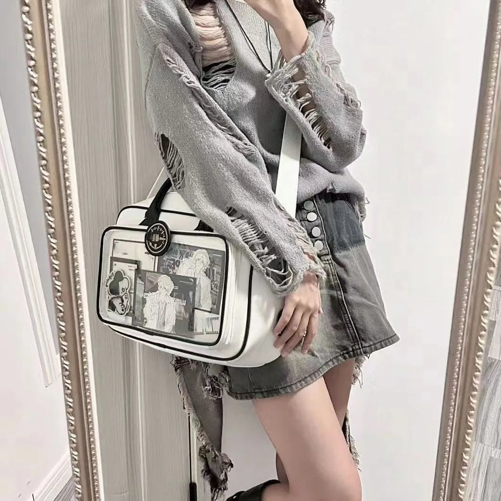 One-shoulder PU crossbody bag 42x24cm in white or black with zipper change bag