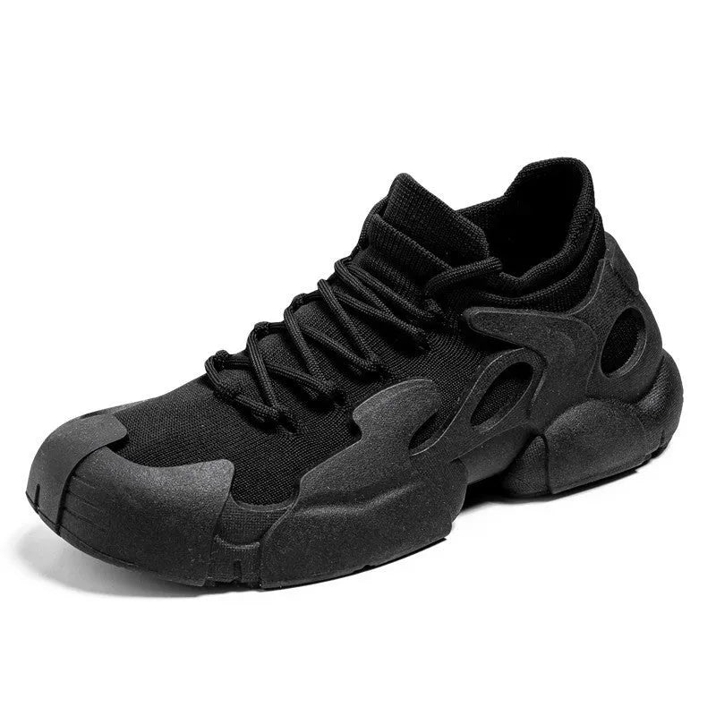 Women's breathable fly woven mesh lace-up hiking shoes in black, low top with rubber sole and cross strap detail