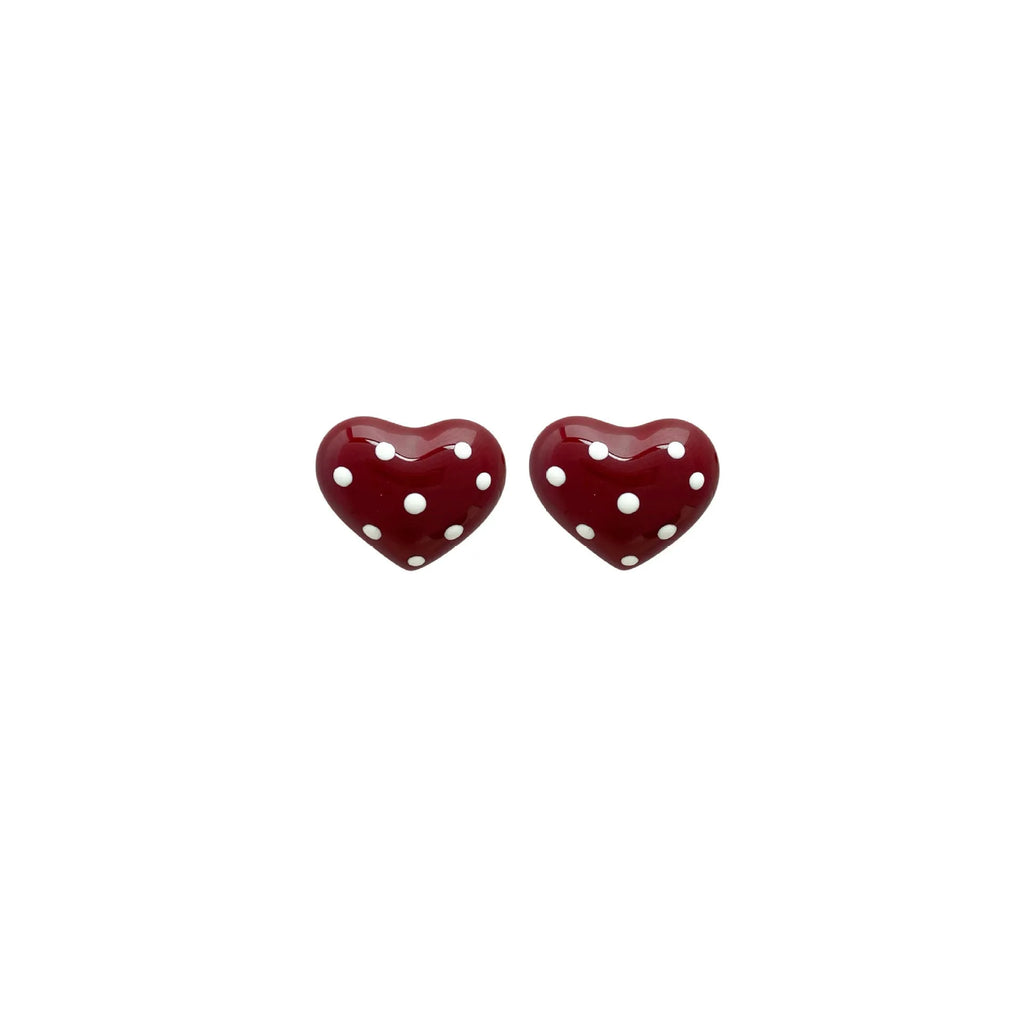 Red drip glaze heart earrings in copper, shown as no-piercing ear clips and stud earrings