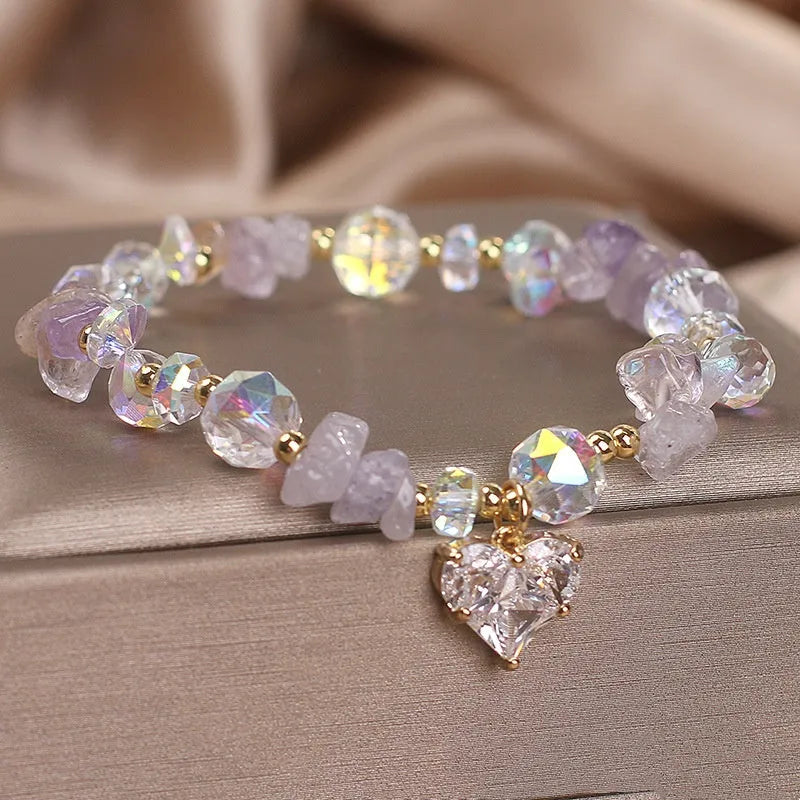 Light purple crystal bracelet with heart-shaped element, Korean fashion women's jewellery for travel souvenir gifting
