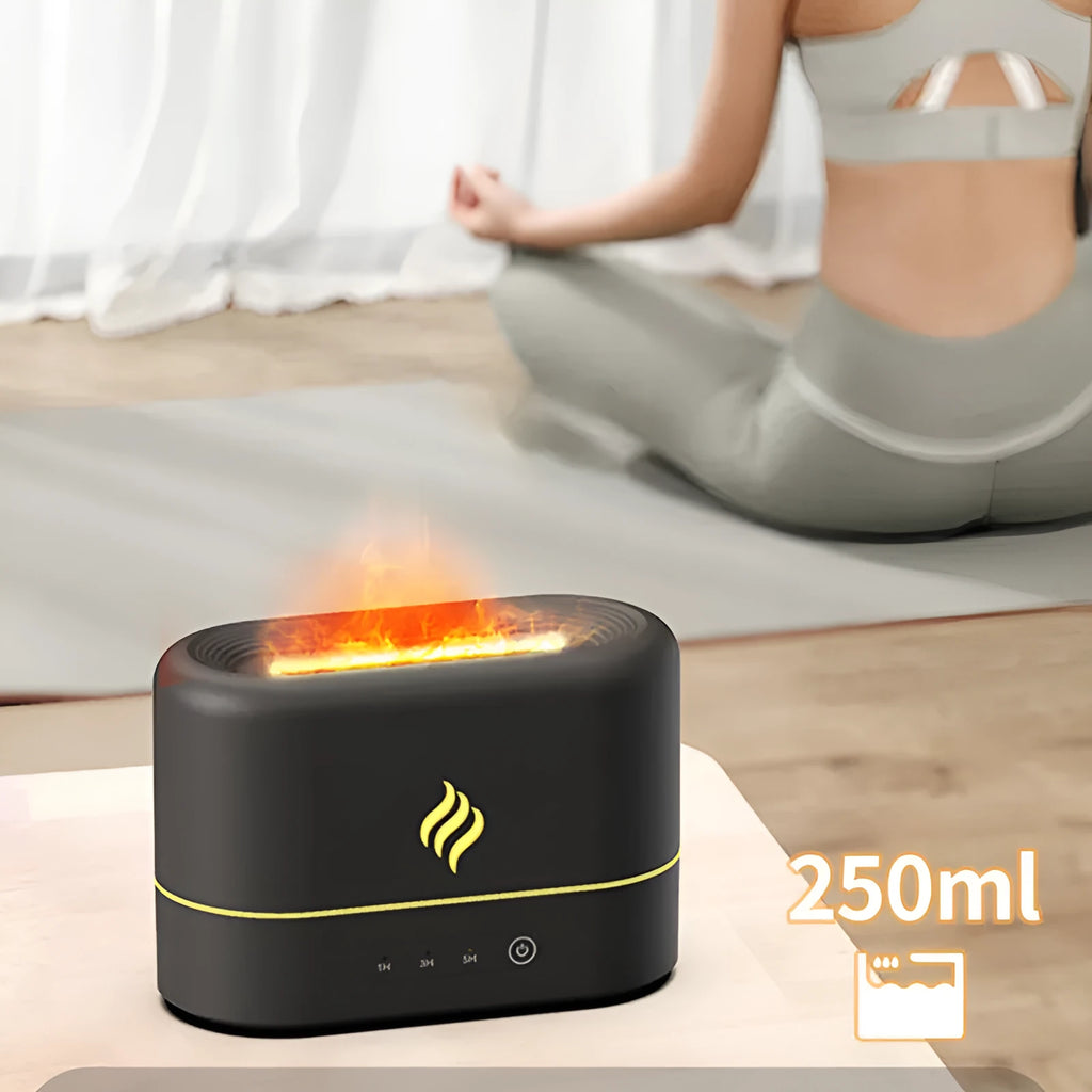 Black and white seven-colour flame effect USB aromatherapy humidifier on a surface, showing mist output.