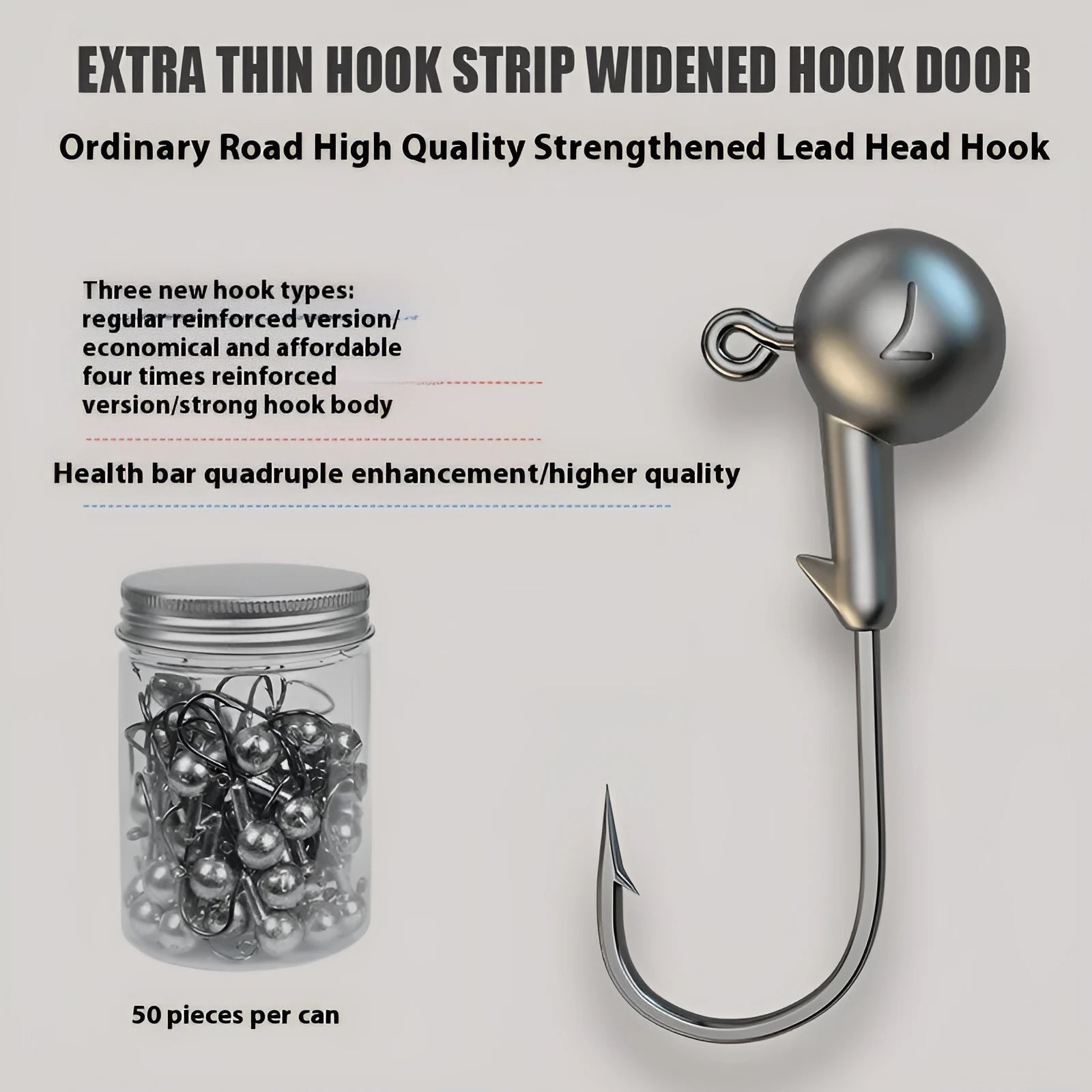 50-piece enhanced jig hook fishing set with strengthened construction and primary colour options