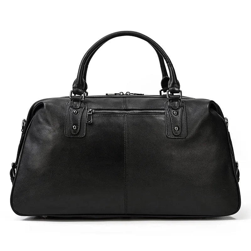 Retro genuine leather men's travel bag in black with large capacity, 50cm x 18cm x 28cm