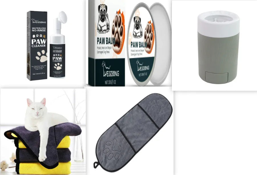 Dog foot mat care solution set with 100ml sole care solution, claw paste, washing cup, and towels on a tabletop