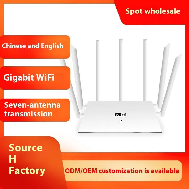 Black and white dual-band 5G gigabit home router with multiple antennas on a desk.