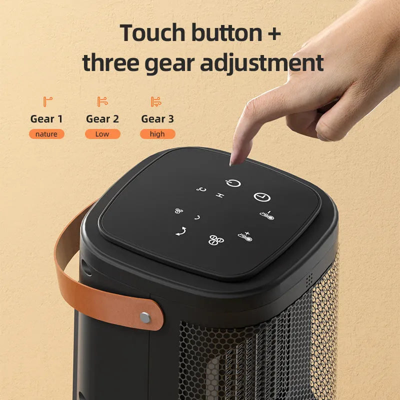 Silver portable heater with digital touch screen display and remote control on a table.