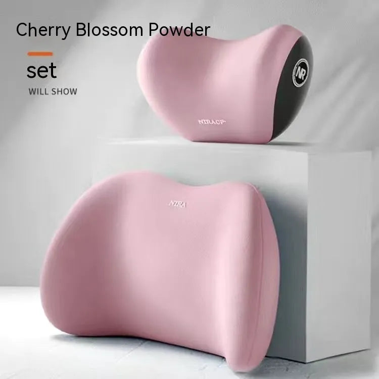 Black memory foam car headrest pillow and matching lumbar support pillow with a milk silk cover.