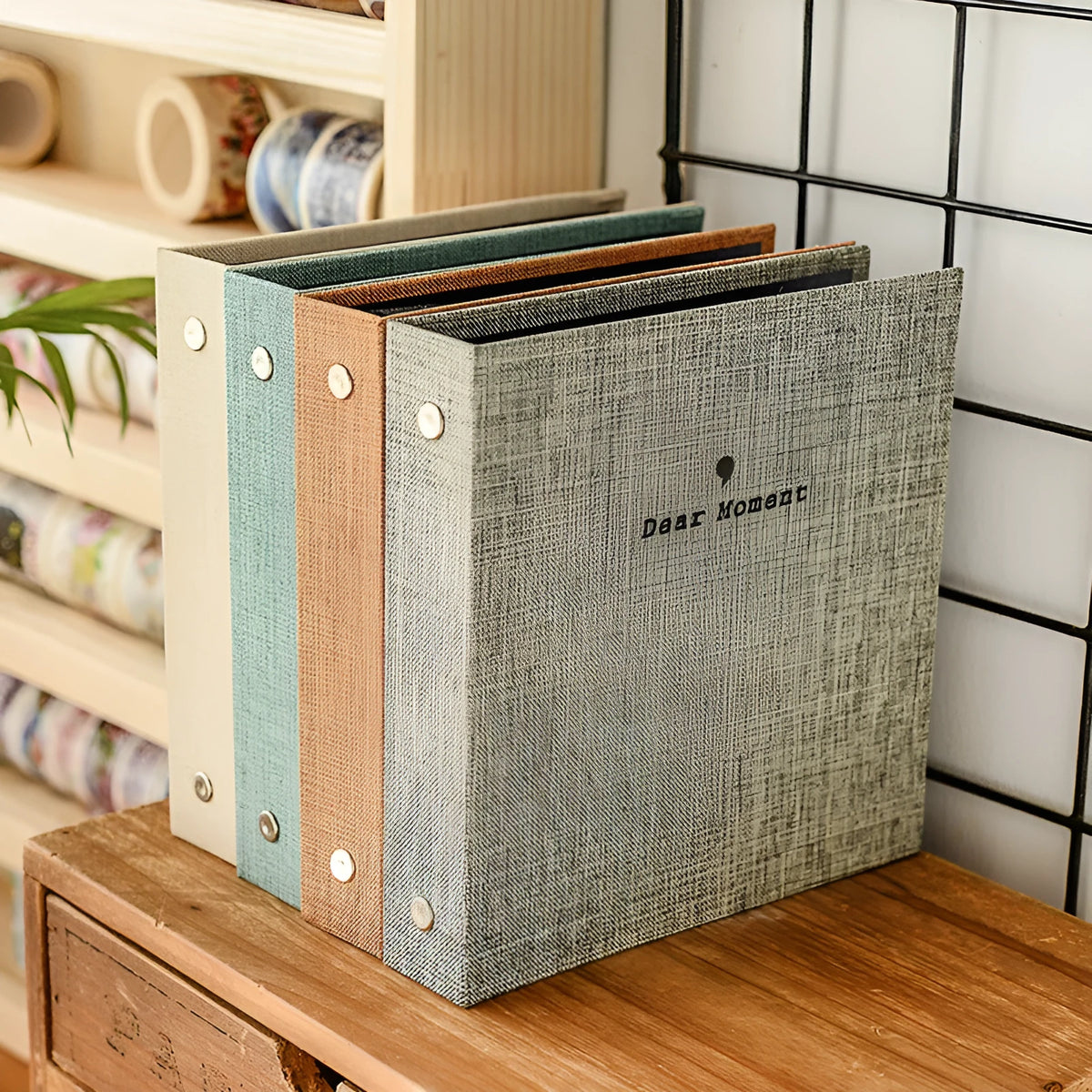 Cotton and linen loose-leaf pocket photo album for 3-inch and 5-inch photos, 14.5 x 15 x 3 cm, with PP pages.
