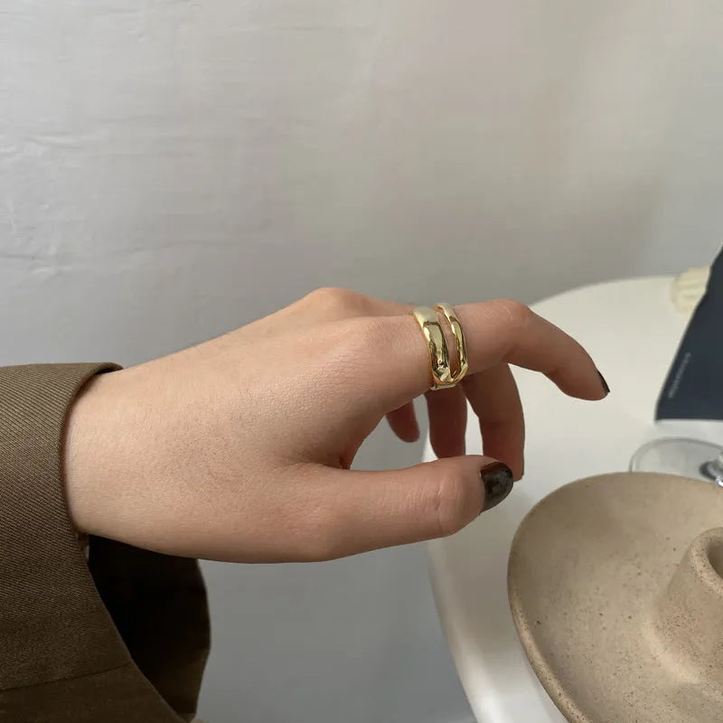 Silver plated dual layer open end ring for women, adjustable fit, shown in J484 silver or gold