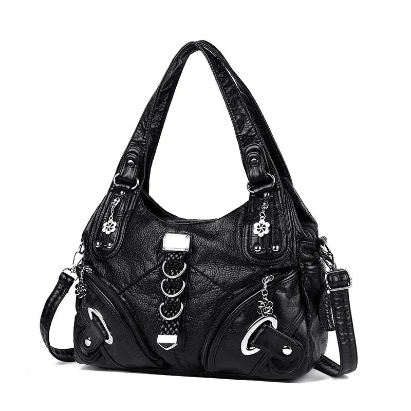 Women's large capacity washed leather PU handbag in black, light brown or blue with slit pocket