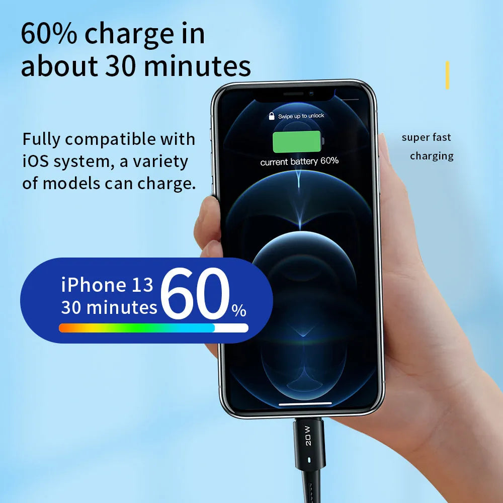 USB-C to Lightning fast charging cable with aluminium alloy connectors in black, showing length options.