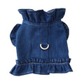 Blue denim dog dress with ruffles and built-in leash hook harness on chest and back