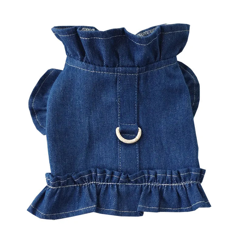 Blue denim dog dress with ruffles and built-in leash hook harness on chest and back