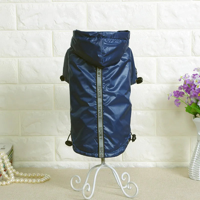 Waterproof hooded warm pet dog raincoat in yellow, blue, and red, cloth material, multiple sizes from XS to XXXL