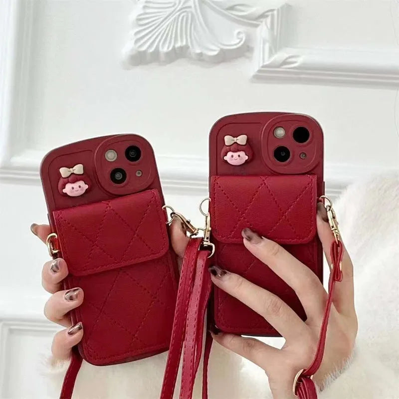 Red TPU crossbody card holder phone case with lanyard for iPhone, red diamond plaid pattern