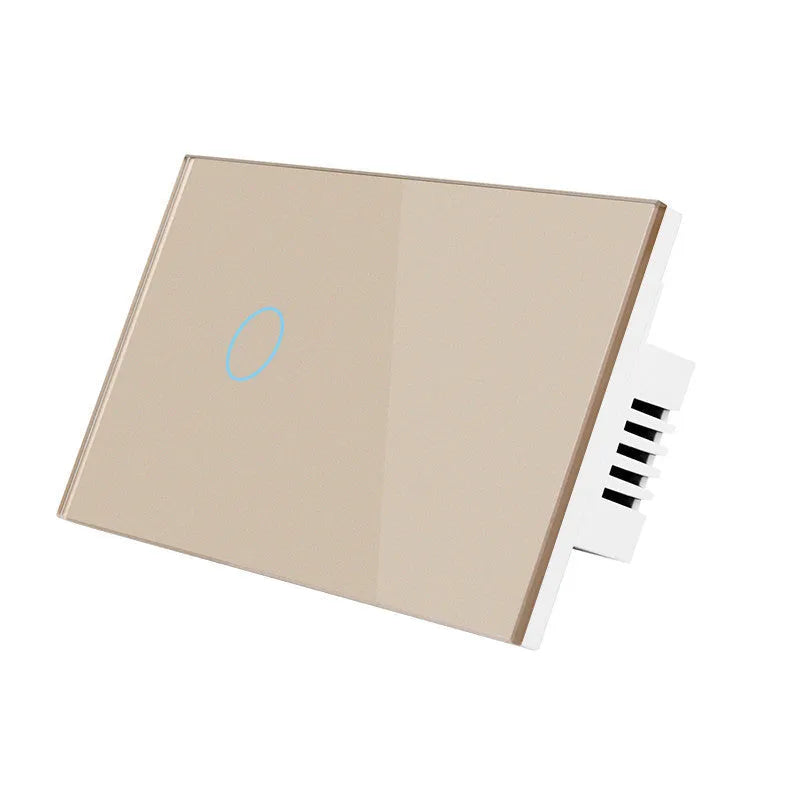 White 2-gang RF remote control touch light switch with tempered glass panel.