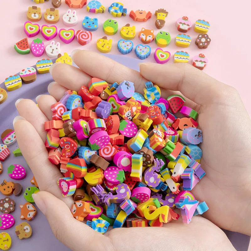 50 small colourful cartoon-themed TPR rubber erasers in a pearlescent film bag