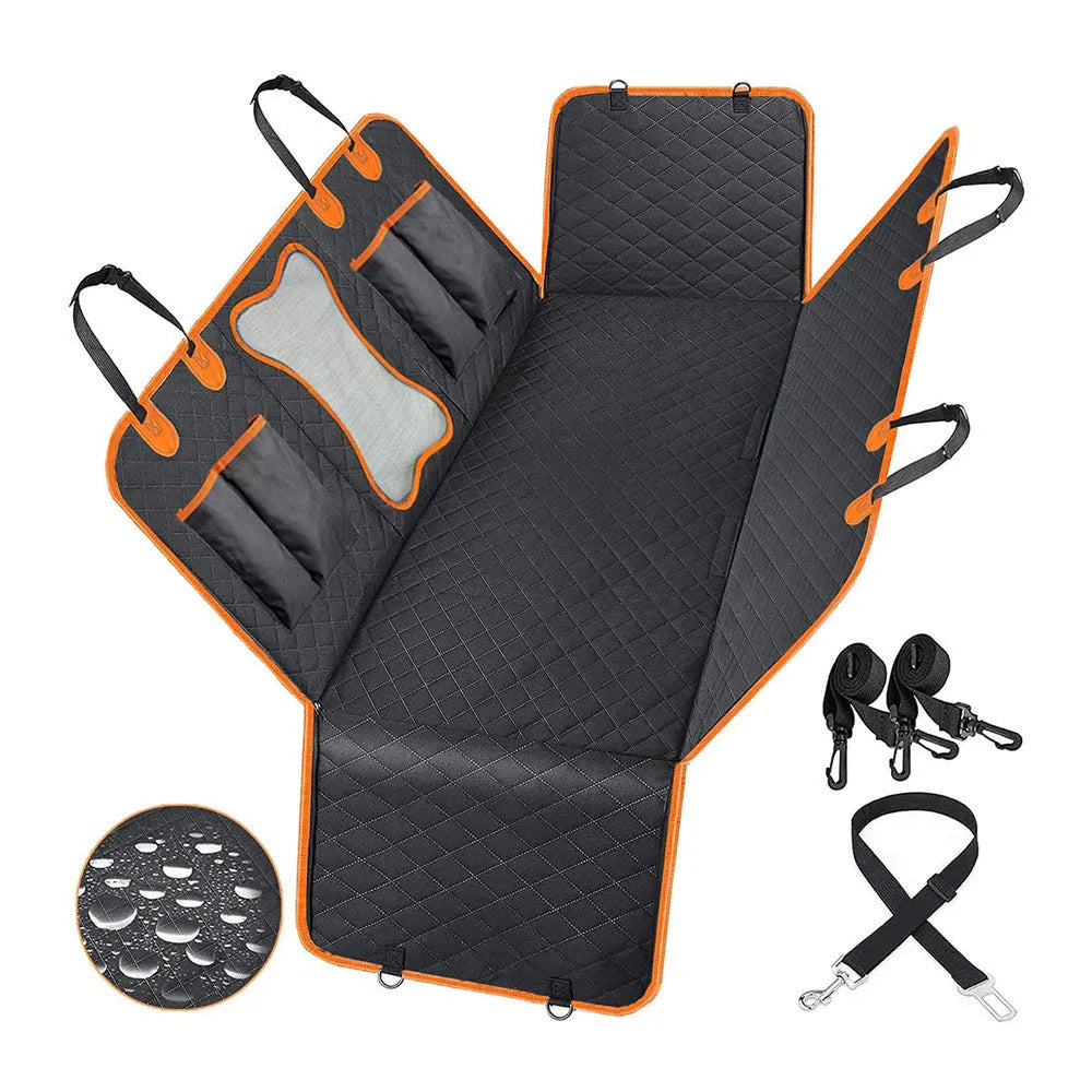 Black and orange waterproof dog car seat cover mat on a vehicle rear seat.