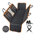 Black and orange waterproof dog car seat cover mat on a vehicle rear seat.