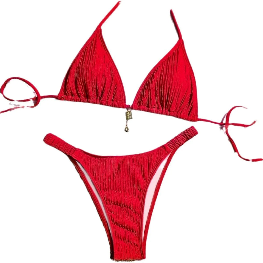Red high waist pleated bikini set with tied briefs and sleeveless bra, women's two-piece swimwear