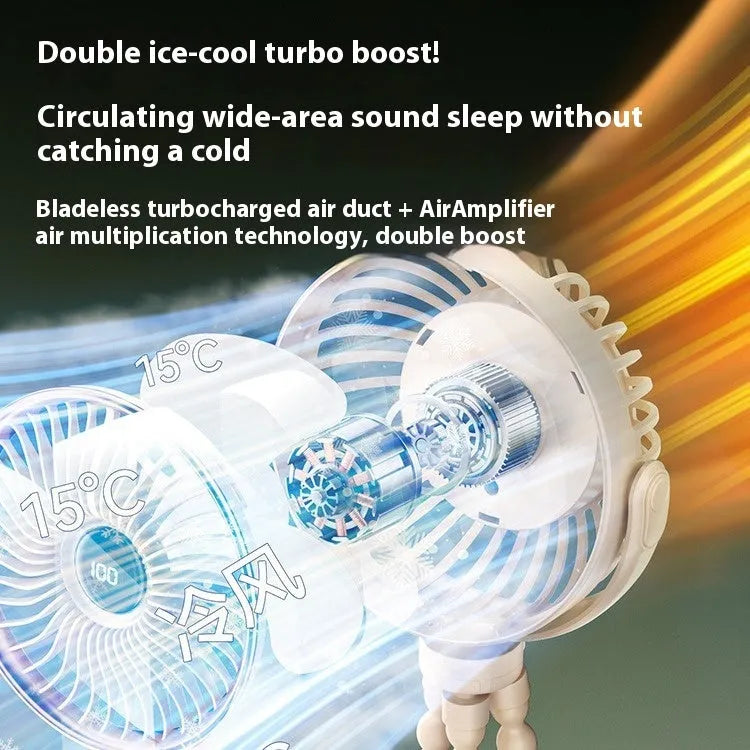 A beige portable clip-on fan with three blades, mounted on a stroller handle, showing its rotating head.