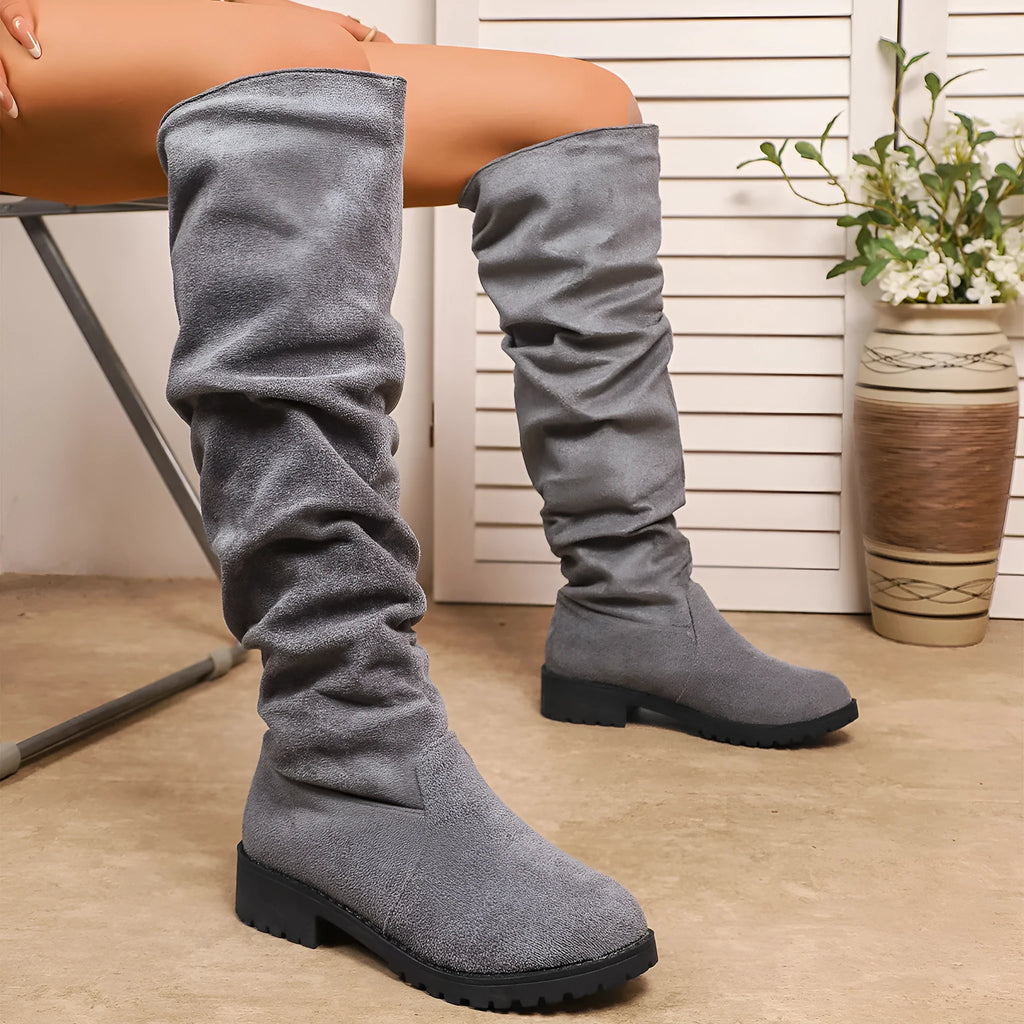 Fleece-lined suede over-the-knee boots for women, black, low chunky heel, slip-on, round toe, winter footwear