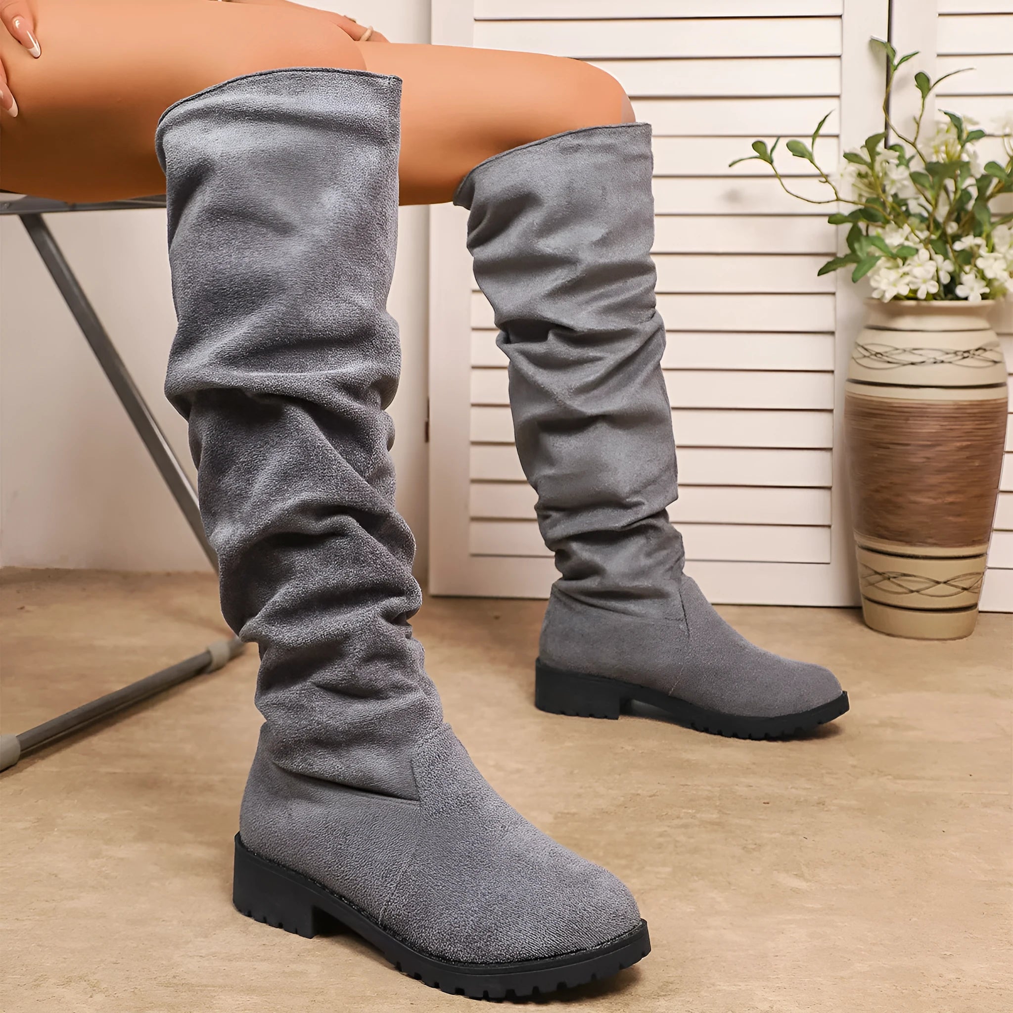 Fleece-lined suede over-the-knee boots for women, black, low chunky heel, slip-on, round toe, winter footwear